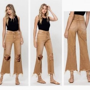 Vervet Leslie 90s Vintage Flare Distressed Cotton Jean Khaki Tan NEW